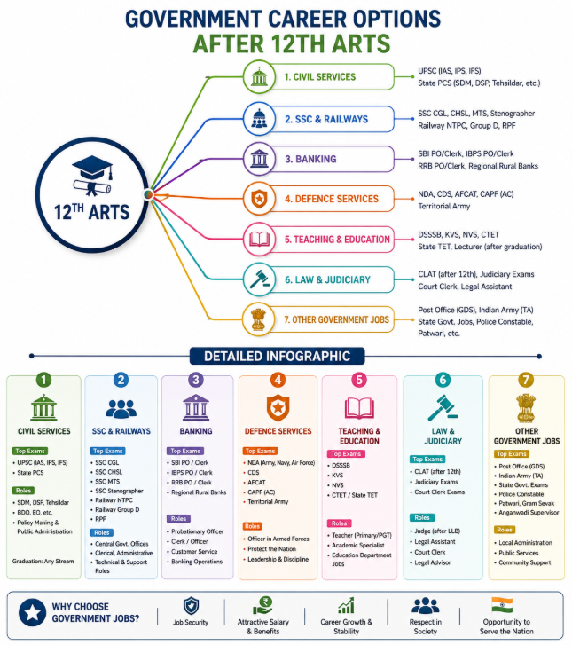 Infographic illustrating the top government career options, exams, and job opportunities available after completing 12th Arts.