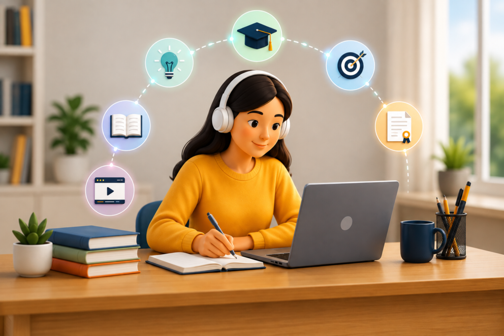 Young woman studying online at home with headphones and a laptop, surrounded by digital education and learning icons.