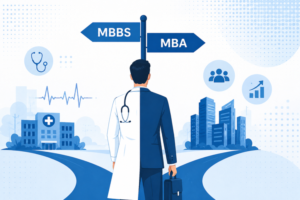 Illustration of an MBBS graduate choosing whether to pursue an MBA after MBBS for a career in healthcare management