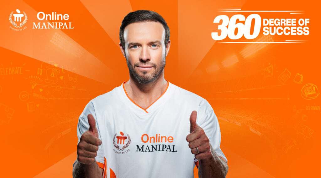 A man in a white Online Manipal shirt gives two thumbs up, smiling, with 360 Degree of Success text on an orange background featuring the Online Manipal logo and subtle icons.