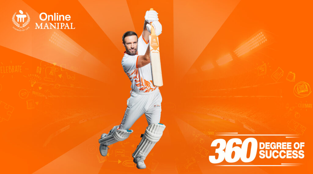 A cricketer in batting gear poses with a bat on an orange background, featuring the Online Manipal logo and the text 360 Degree of Success in bold white letters.