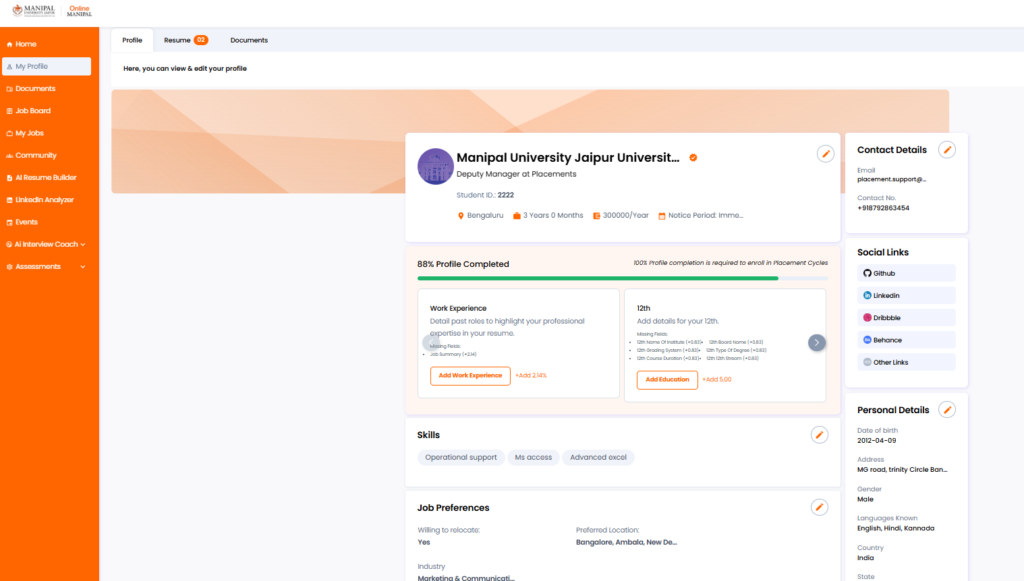 resume builder exclusively for Online Manipal Students