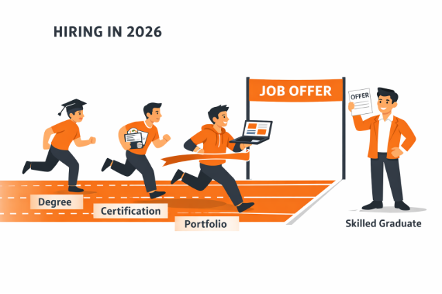 Illustration of a graduate, a certificate holder, and a person with a project portfolio running toward a ‘Job Offer’ finish line, while a skilled graduate stands ahead holding the offer letter.