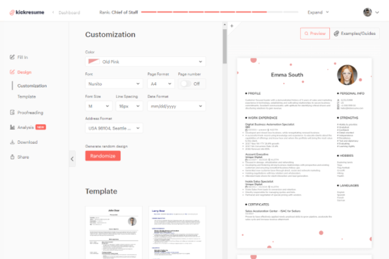 One of the best AI-resume builder, Kickresume’s working playground
