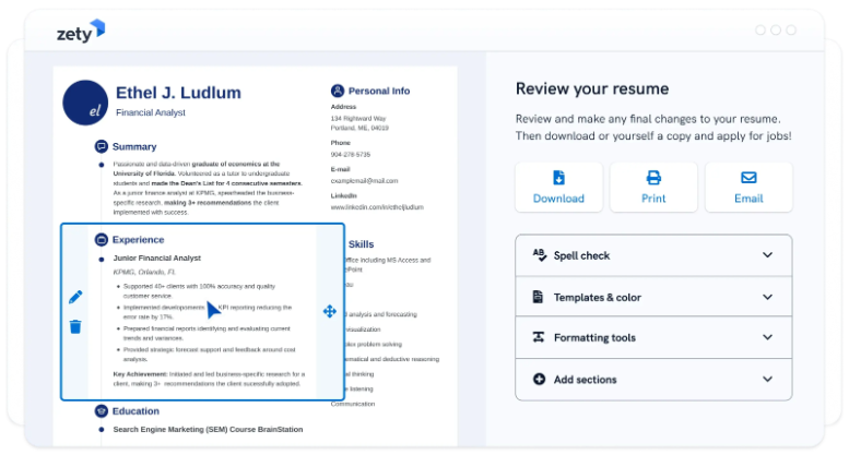 Zety, a popular resume building tool that is great use for fresh graduates