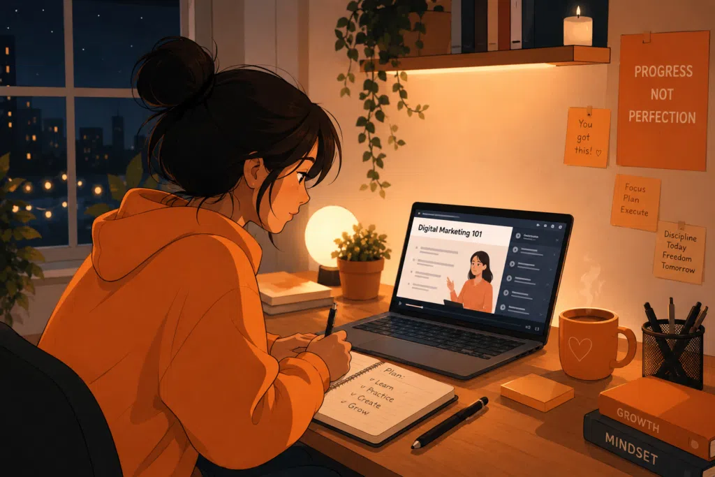 A young professional upskilling late at night through an online course during her after office hours