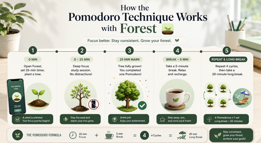 A pictorial representation of how Pomodoro techniqe can be made possible with the FOREST app